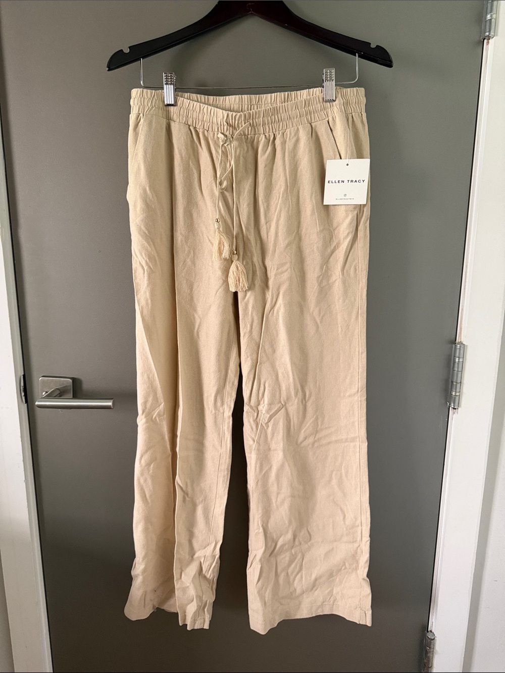 Ellen Tracy Khaki Linen-Blend Drawstring Pants